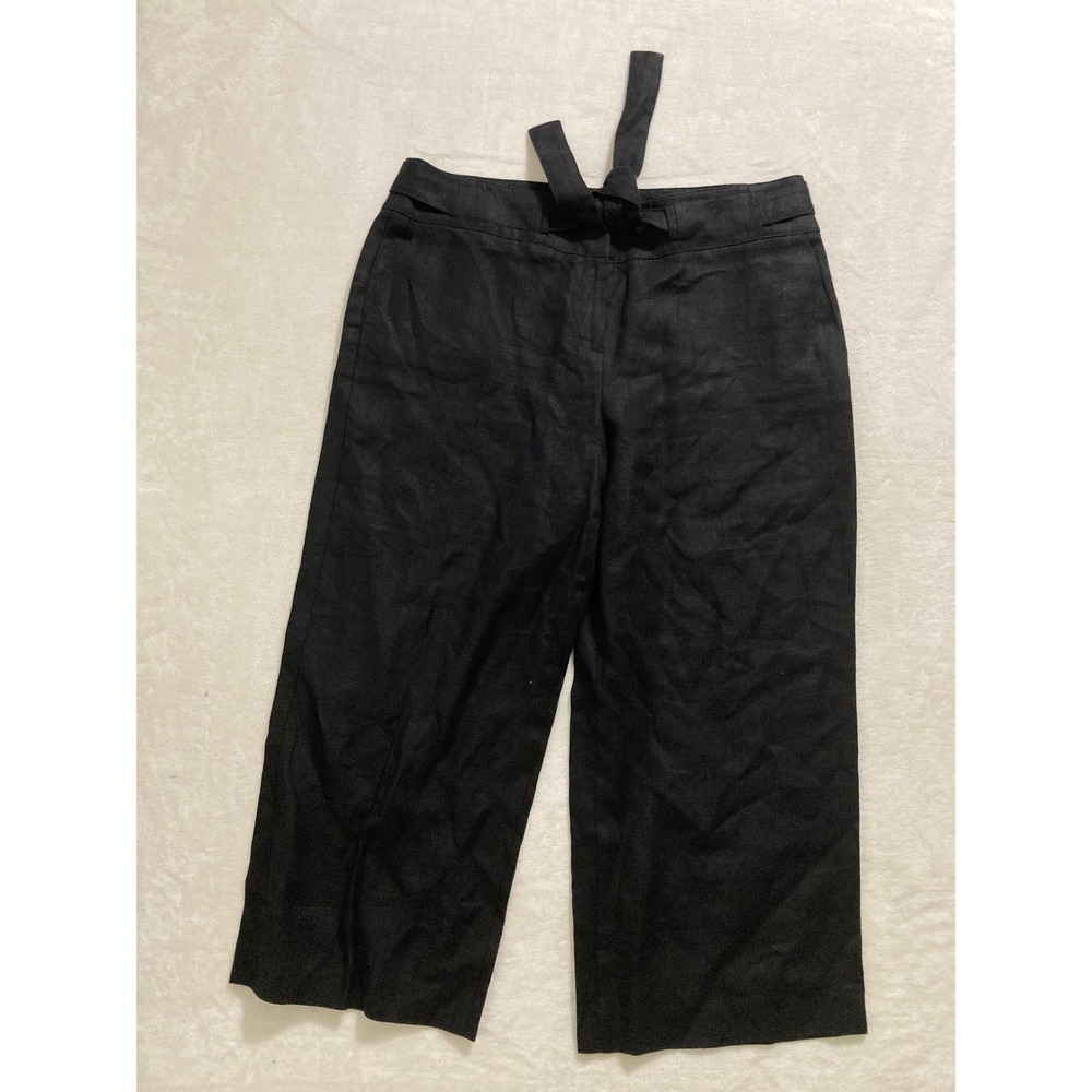 Talbots‎ Black Pure Irish Linen Wide Leg Cropped Tie Waist Pants Womens Size 14